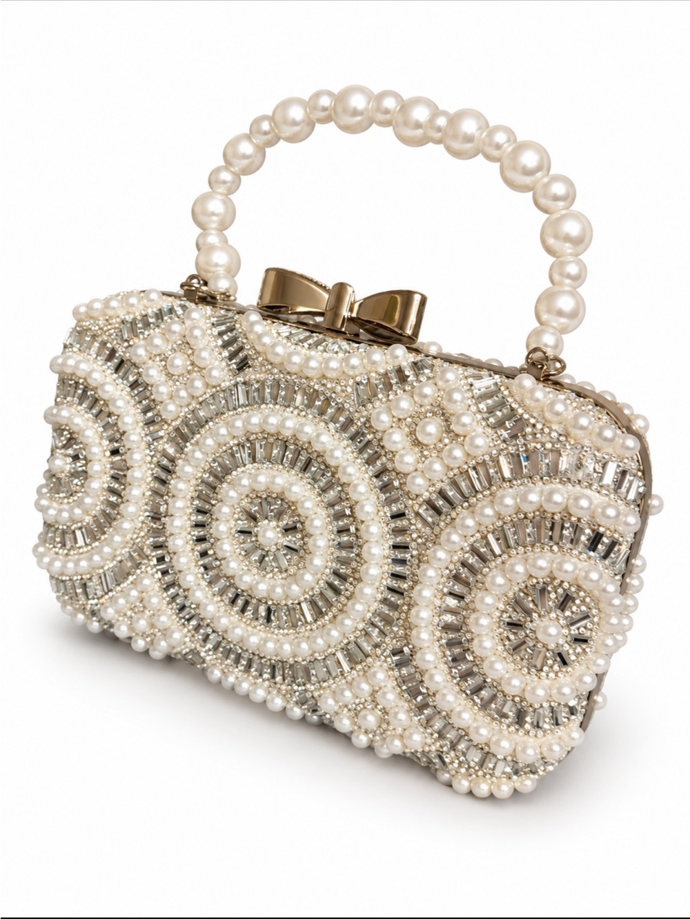 Pearl Beaded Handbag Clutch with Bow Handle